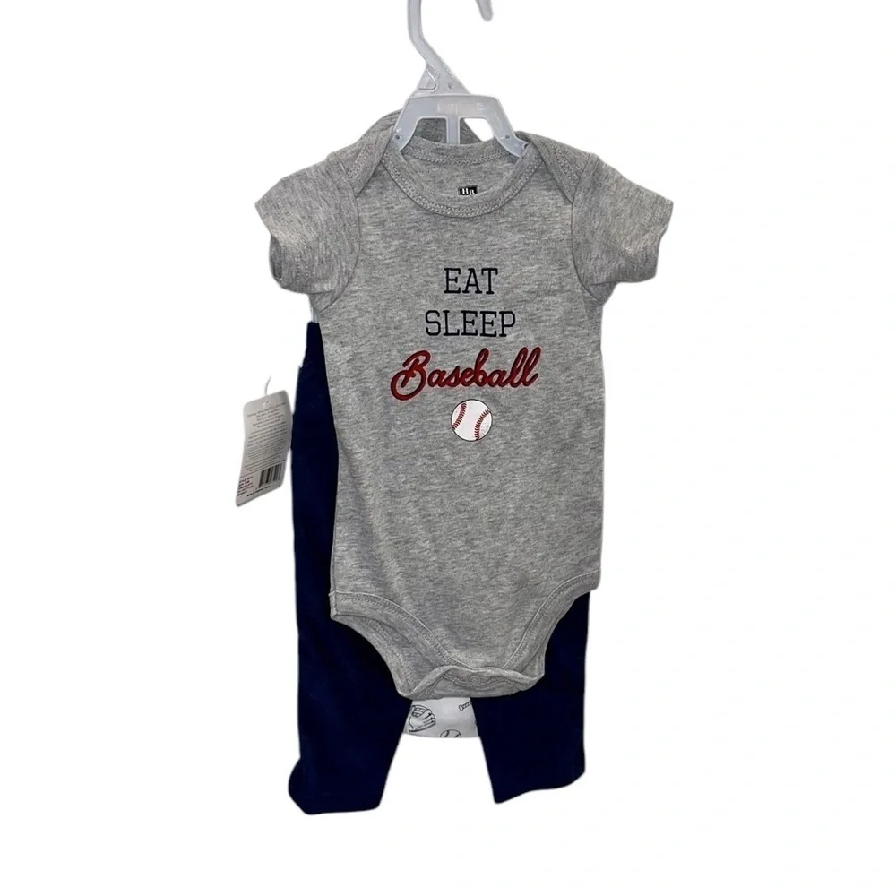 NWT Hudson Baby Cotton Layette Baseball 6pc Set Gray, White & Blue 3-6M